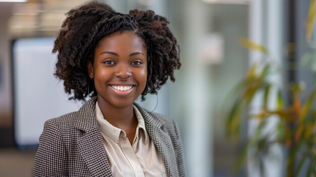 a young smiling african american businesswoman is standing in the office