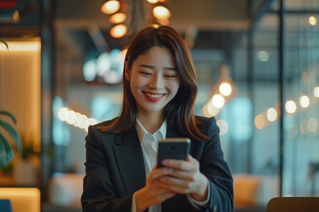 Photo young smiling asian businesswoman using and looking at mobile phone during working on laptop