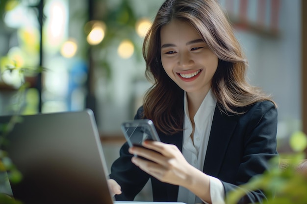 Photo young smiling asian businesswoman using and looking at mobile phone during working on laptop