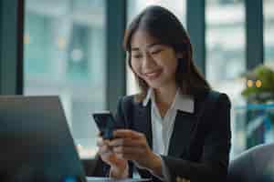 Photo young smiling asian businesswoman using and looking at mobile phone during working on laptop