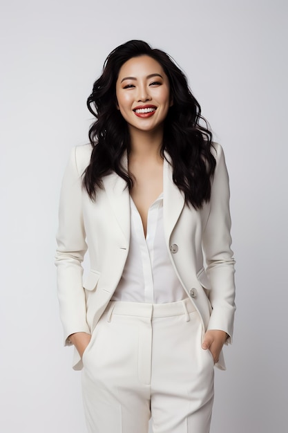 Young smiling Asian looking woman in business white suit on gray background