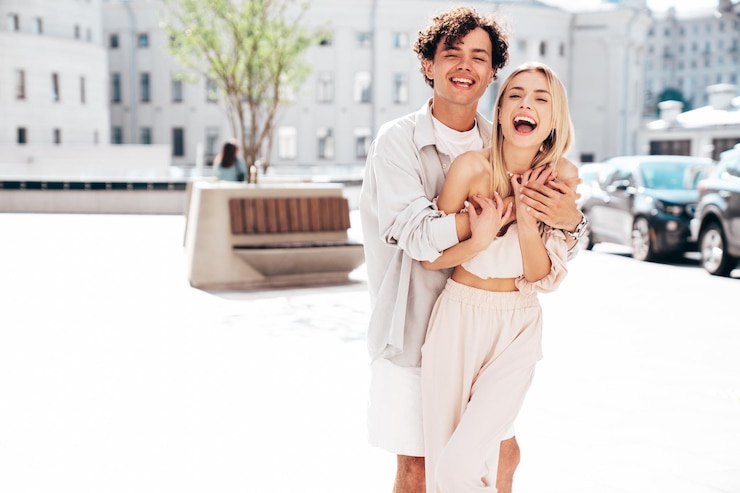 Photo young smiling beautiful woman and her handsome boyfriend outdoors cheerful and happy