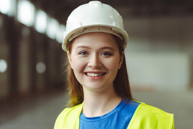 Young smiling beautiful woman wearing white hard hat and workwear looking at camera