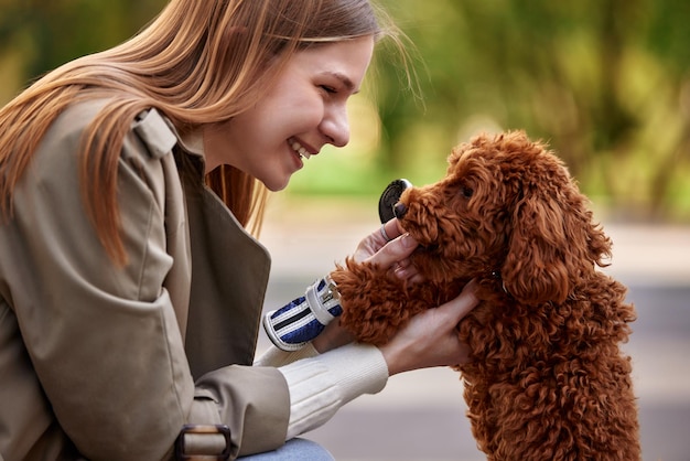 A young smiling blonde girl in a stylish beige raincoat and jeans plays with her pet toy poodle whil