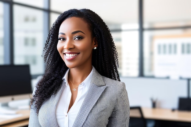 Young smiling businesswoman standing in blur background of office generative AI