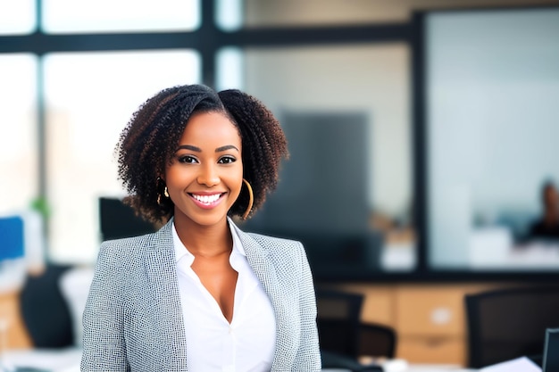 Young smiling businesswoman standing in blur background of office generative AI