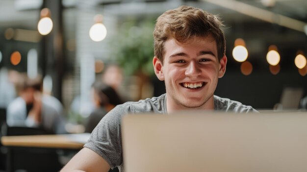 Photo a young smiling caucasian man is working at a laptop