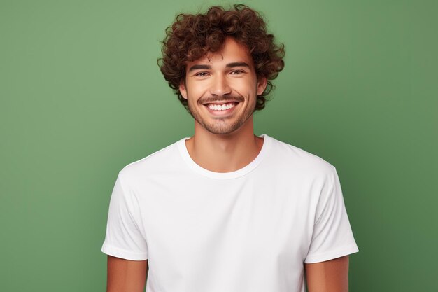 Photo young smiling caucasian man wearing blank white tshirt isolated on green background