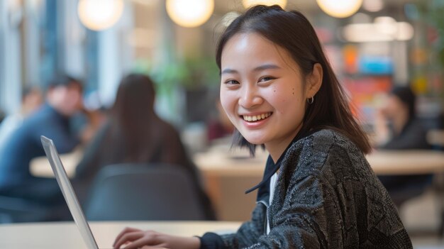 a young smiling chinese woman is working at a laptop