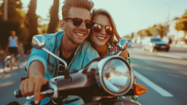 A young smiling couple on a black scooter in the city