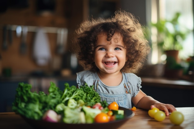 young smiling cute baby eating healthy fresh salad in the modern kitchen interior full of fruits