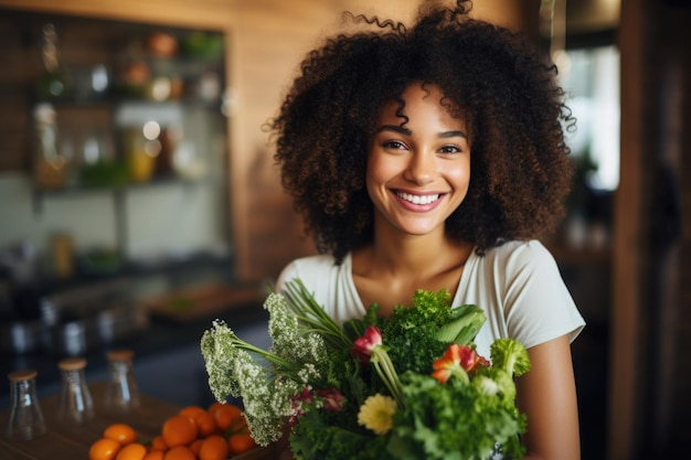 Young smiling cute latin woman eating healthy fresh salad in the modern kitchen interior full of fr