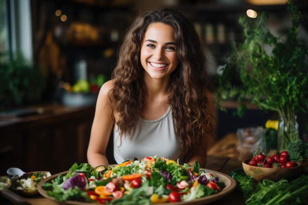 Young smiling cute latin woman eating healthy fresh salad in the modern kitchen interior full of fr