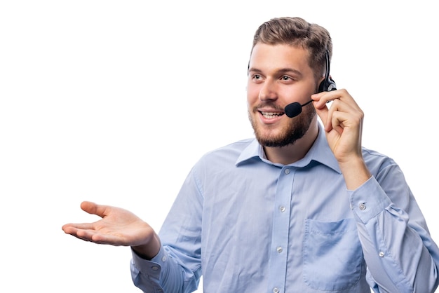 Photo young smiling european man wearing headset