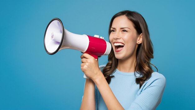 Young smiling expressive caucasian woman shout in megaphone against blue background