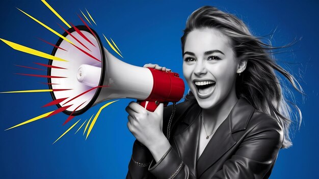 Young smiling expressive caucasian woman shout in megaphone against blue background