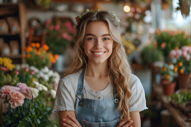 Photo young smiling female florist standing in flower shop sme entrepreneur banner with copy space