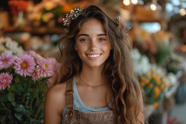 Photo young smiling female florist standing in flower shop sme entrepreneur banner with copy space