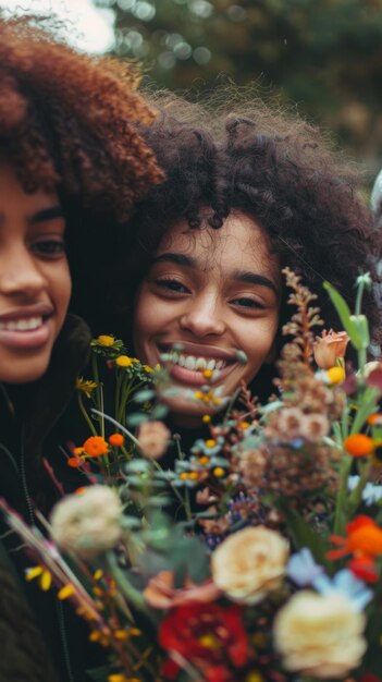 Young smiling friends holding a bouquet of flowers in their hands