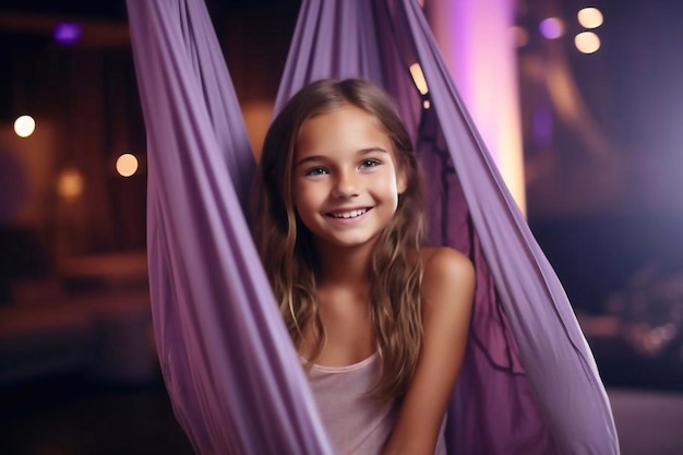 young smiling girl aero stretching purple hammock fitness club kids aerial flying yoga exerc