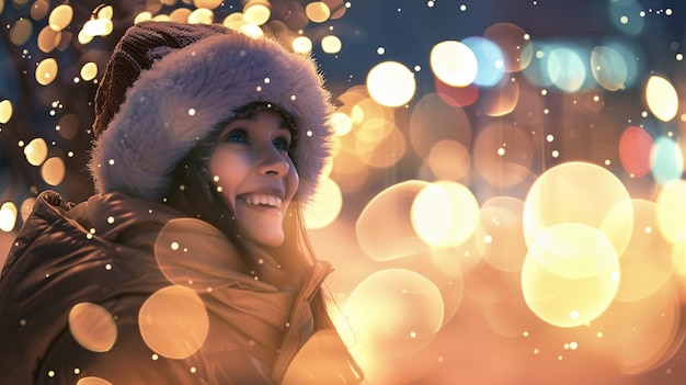 Young smiling girl in cozy warm clothes on the snow