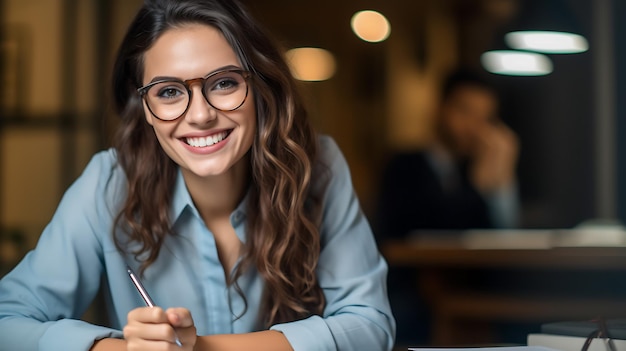 Young smiling girl takes notes in her notebookCreated with Generative AI technology