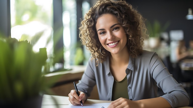 Young smiling girl takes notes in her notebookCreated with Generative AI technology