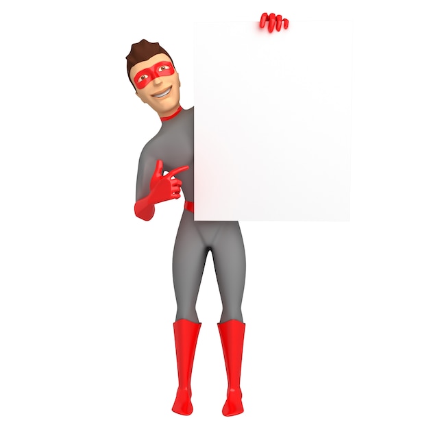 A young smiling guy in a superhero costume is holding in his hand and points with his other hand to an empty sign. 3d illustration
