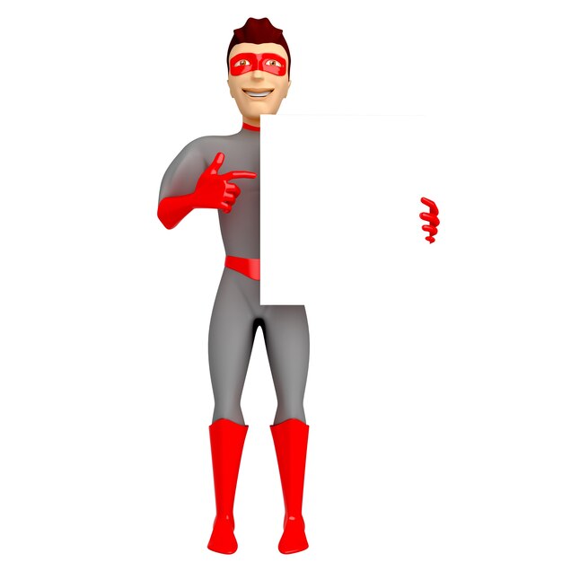 A young smiling guy in a superhero costume is holding in his hand and points with his other hand to an empty sign. 3d illustration