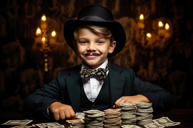 A young smiling happy boy in the image of a successful businessman in a business suit near a pile of money