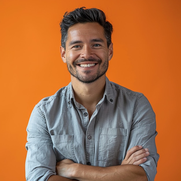 a young smiling happy cheerful indian man he wears casual clothes hold hands crossed