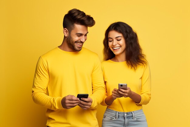 Young smiling happy couple wear casual clothes hold in hand use mobile isolated on yellow light background studio portrait