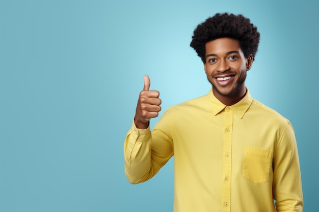 Young smiling happy man of African American ethnicity 20s wear yellow shirt point thumb finger aside