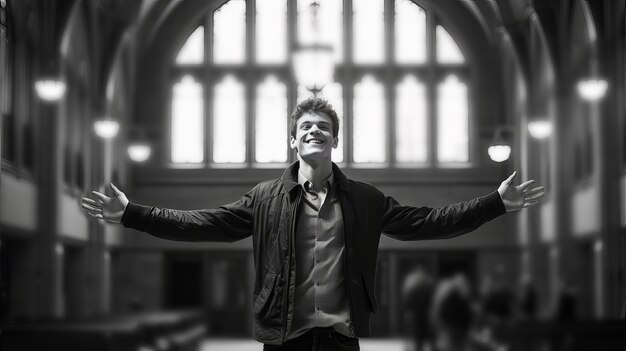 A young smiling happy student guy is standing in the foyer an educational institution Black white