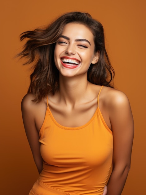 完璧な笑顔の製品の広告のための若い笑顔の熱い女性