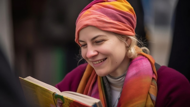 Young smiling Jewish girl reading the bible with blonde hair tied back under a colorful scarf