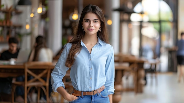 Young smiling latin girl college student or teacher looking at camera standing in university campus