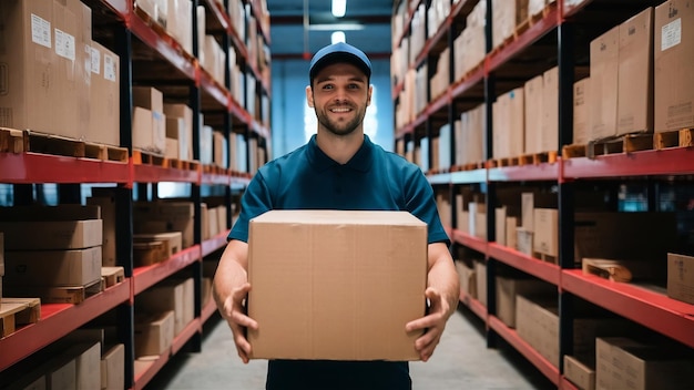 Young smiling logistic delivery man holding the box