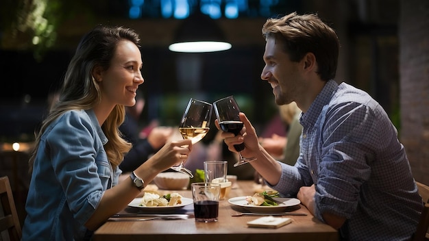 젊은 미소 짓는 연인들은 서로를 바라보고 와인과 음식으로 만적인 저녁을 먹습니다.