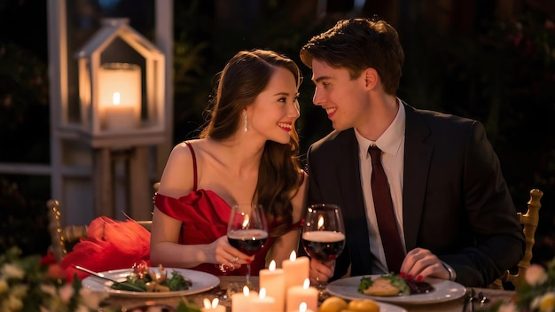Young smiling lovers looking at each other and have romantic dinner with wine and food