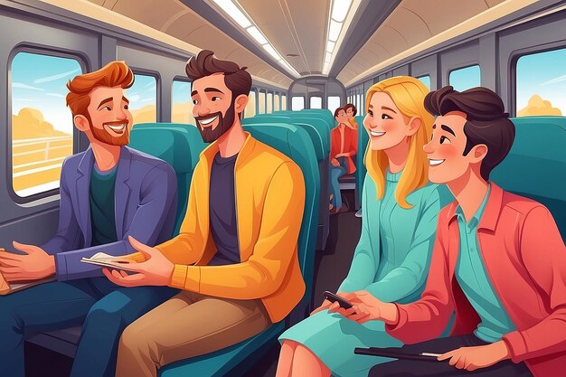 Young smiling men and women travelling by train Cheerful people sitting in passenger car and talking to each other Happy railway journey Colorful vector illustration in flat cartoon style