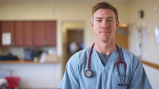 Young smiling nurse in turquoise uniform with stethoscope in a bright hospital