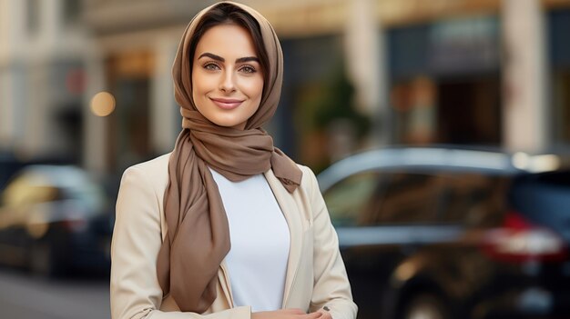 Young smiling professional arab woman in headscarf standing outdoor on street and looking at camera