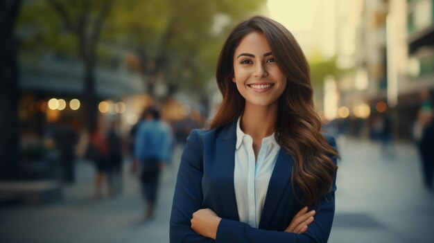 Young smiling professional business caucasian woman standing outdoor on street arms crossed and looking at camera