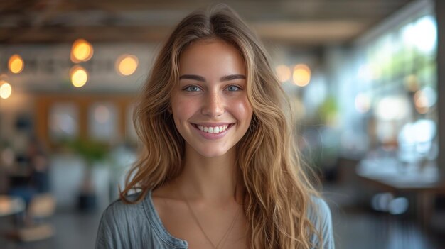 A young smiling professional business woman young woman working in an office holding digital tablet technology looking at the camera