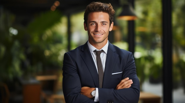 Young smiling professional caucasian man standing in the office and looking at camera