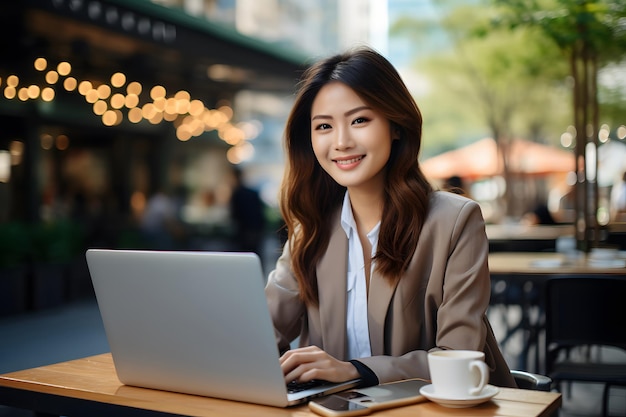 Young smiling professional cute Asian business woman is sitting outdoor on city street at cafe table