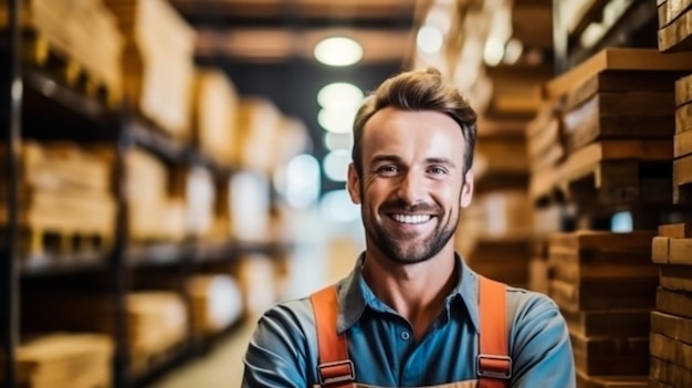 Young smiling professional in overalls and protective helmet standing in front of camera inside larg