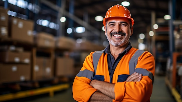 Young smiling professional in overalls and protective helmet standing in front of camera inside larg