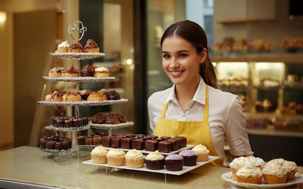 Foto una giovane venditrice sorridente vende torte